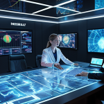 **

A futuristic insurance office with actuaries analyzing data streams projected on holographic displays. AI algorithms are visualized as glowing networks, while outside, a storm rages, highlighting the importance of accurate risk assessment. Emphasis on technology and data.

**