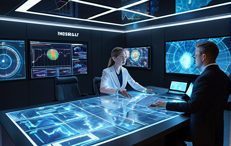 **
A futuristic insurance office with actuaries analyzing data streams projected on holographic displays. AI algorithms are visualized as glowing networks, while outside, a storm rages, highlighting the importance of accurate risk assessment. Emphasis on technology and data.
**